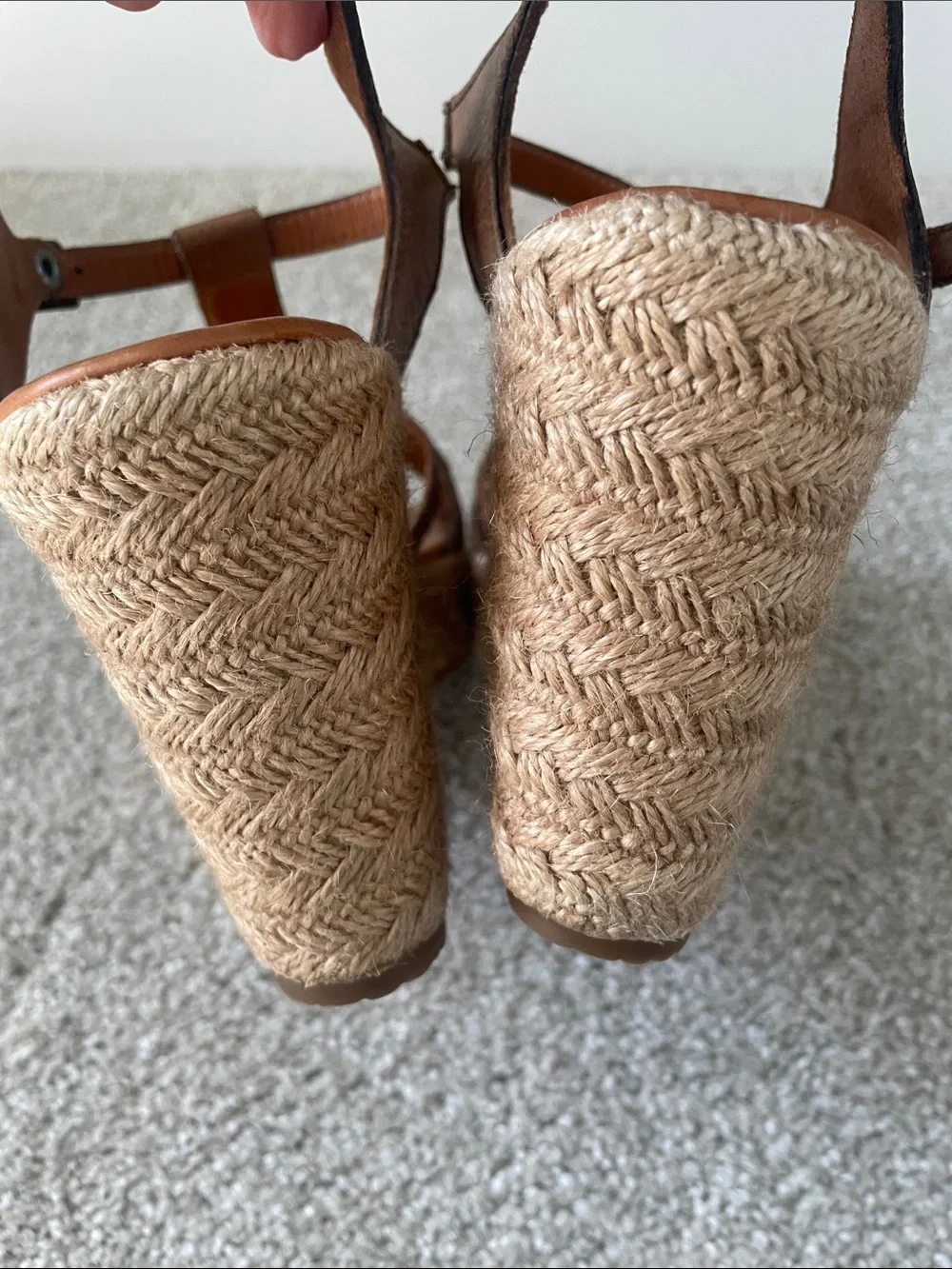 Paul Green Tan Leather Braided T-Strap Wedge Espadrilles.